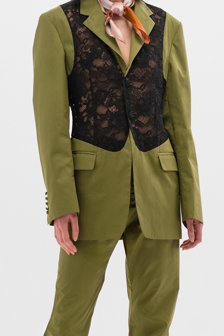 detail shot of a green suit